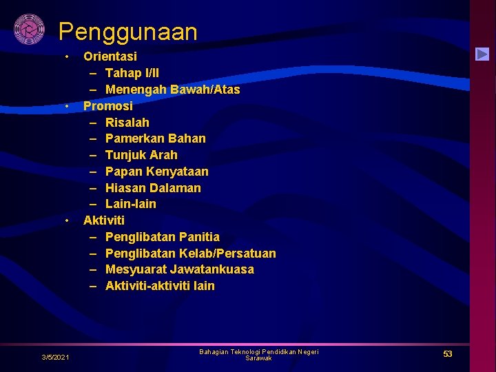 Penggunaan • • • 3/5/2021 Orientasi – Tahap I/II – Menengah Bawah/Atas Promosi –