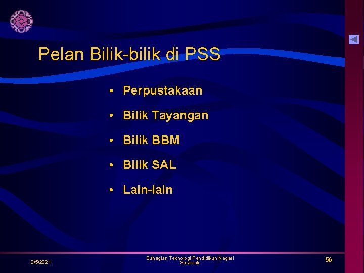 Pelan Bilik-bilik di PSS • Perpustakaan • Bilik Tayangan • Bilik BBM • Bilik