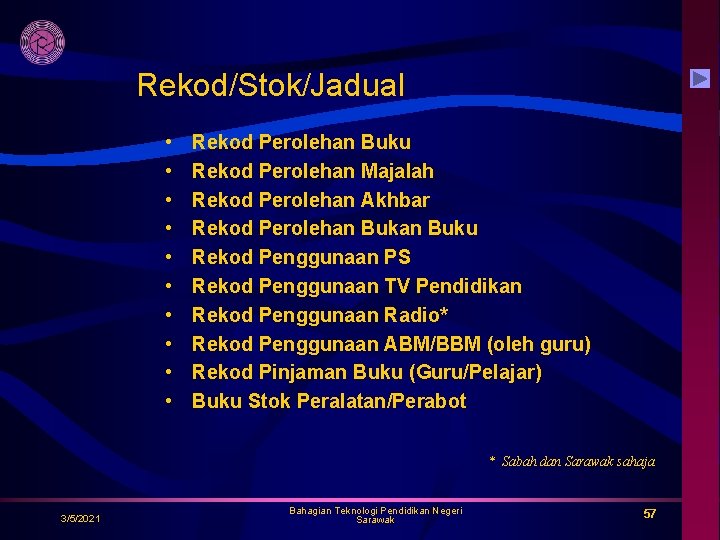 Rekod/Stok/Jadual • • • Rekod Perolehan Buku Rekod Perolehan Majalah Rekod Perolehan Akhbar Rekod