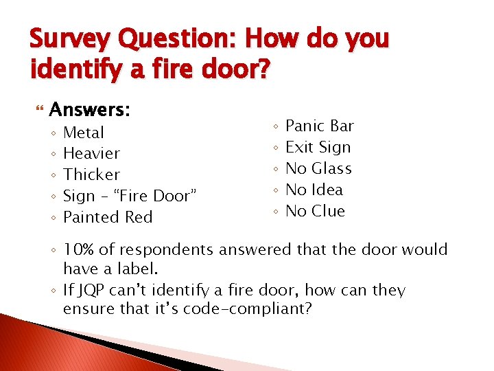 Survey Question: How do you identify a fire door? Answers: ◦ ◦ ◦ Metal Survey Question: How do you identify a fire door? Answers: ◦ ◦ ◦ Metal