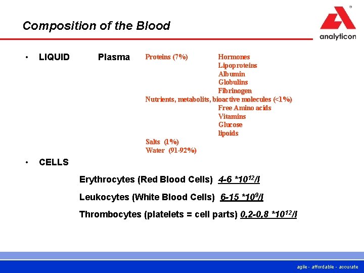 Composition of the Blood • LIQUID • CELLS Plasma Proteins (7%) Hormones Lipoproteins Albumin Composition of the Blood • LIQUID • CELLS Plasma Proteins (7%) Hormones Lipoproteins Albumin