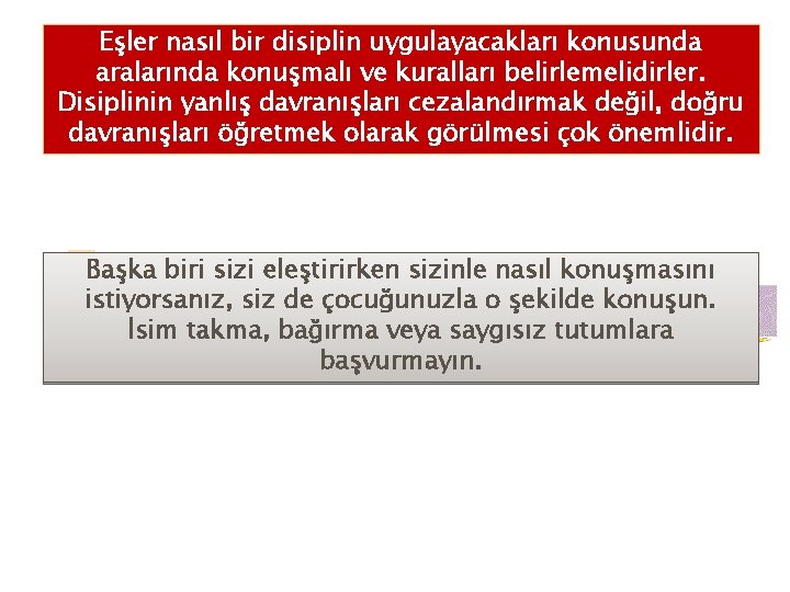 Eşler nasıl bir disiplin uygulayacakları konusunda aralarında konuşmalı ve kuralları belirlemelidirler. Disiplinin yanlış davranışları