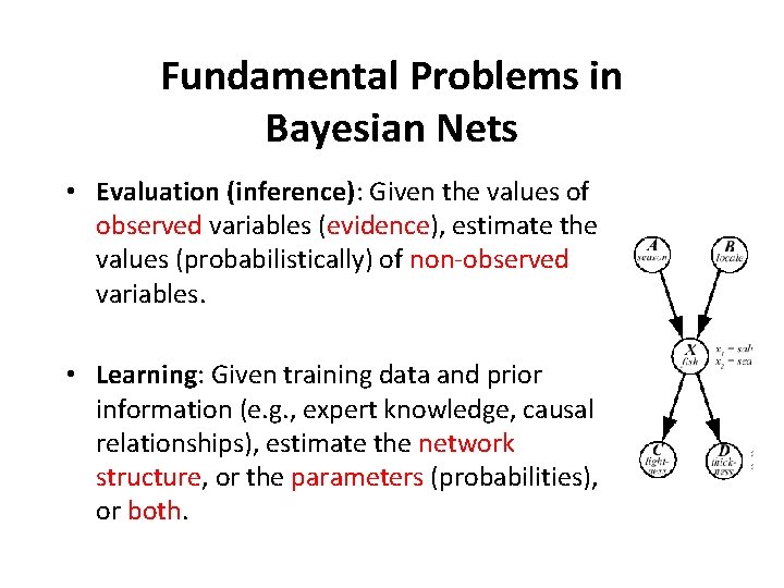 Fundamental Problems in Bayesian Nets • Evaluation (inference): Given the values of observed variables