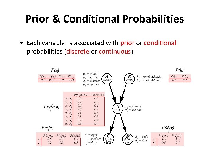 Prior & Conditional Probabilities • Each variable is associated with prior or conditional probabilities
