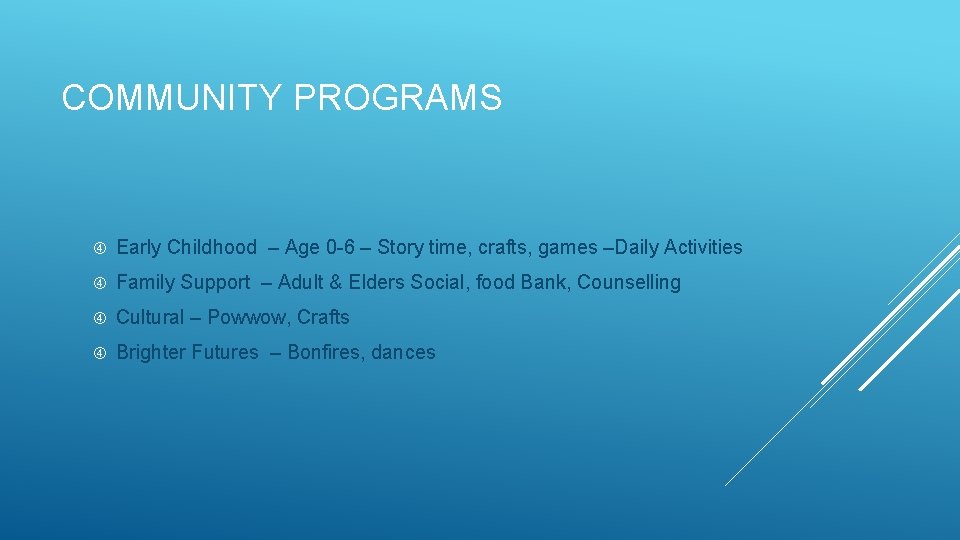 COMMUNITY PROGRAMS Early Childhood – Age 0 -6 – Story time, crafts, games –Daily