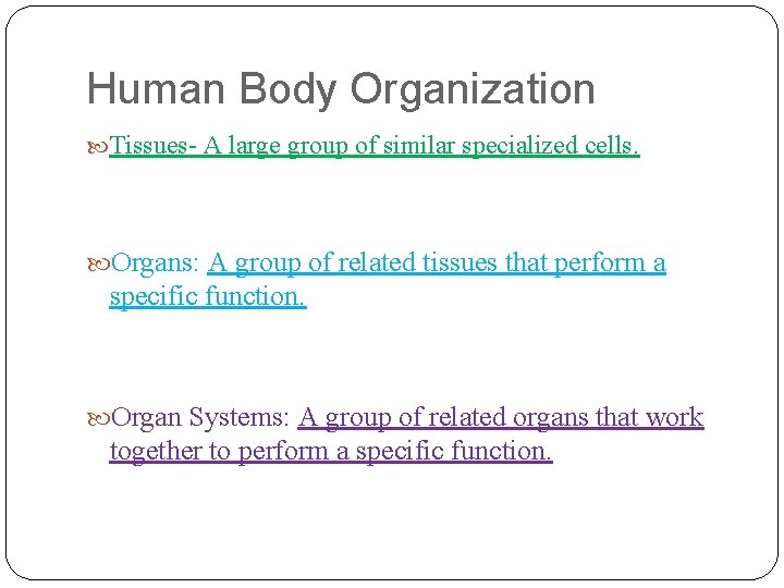 Human Body Organization Tissues- A large group of similar specialized cells. Organs: A group