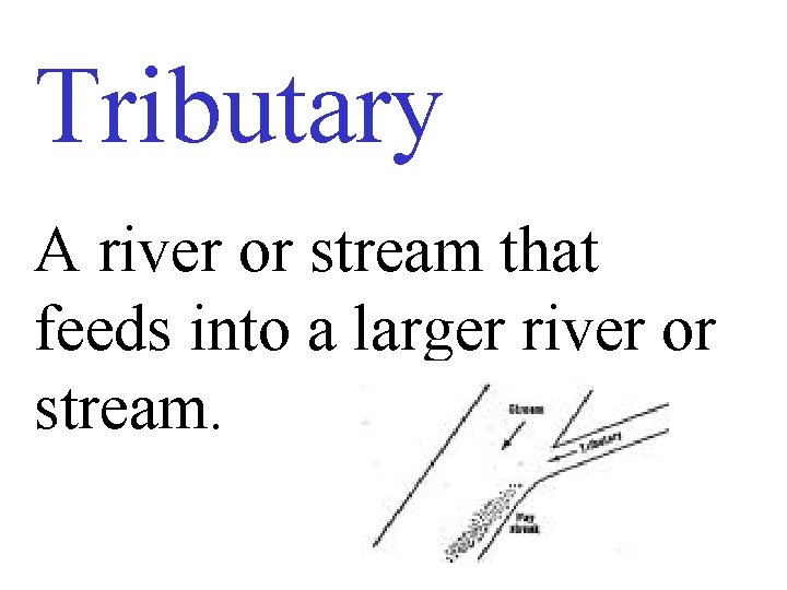 Tributary A river or stream that feeds into a larger river or stream. 