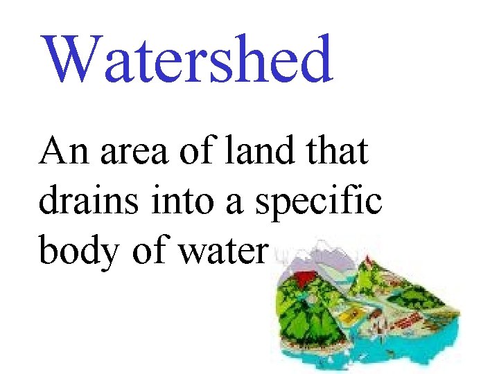 Watershed An area of land that drains into a specific body of water 