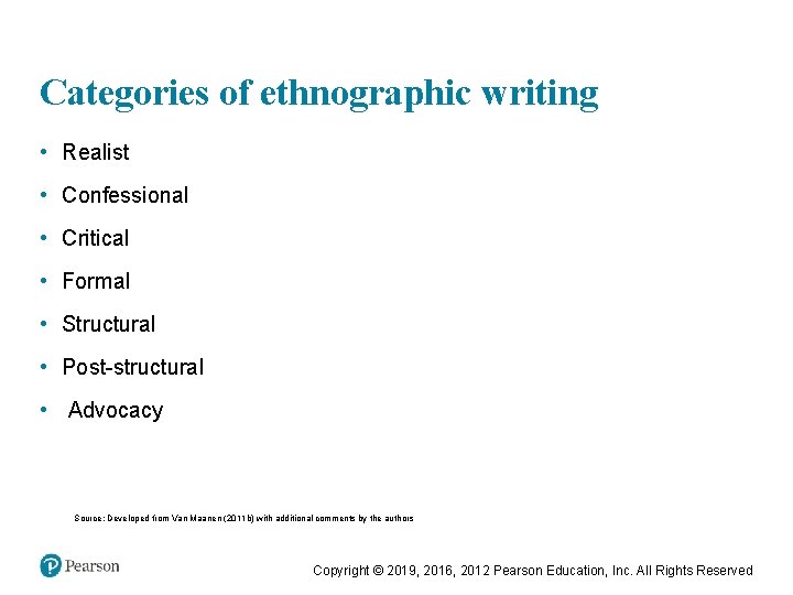 Categories of ethnographic writing • Realist • Confessional • Critical • Formal • Structural