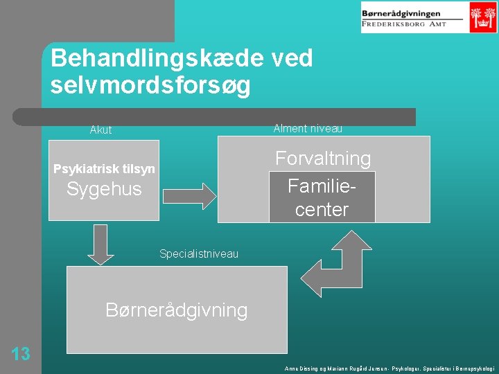 Behandlingskæde ved selvmordsforsøg Alment niveau Akut Forvaltning Familiecenter Psykiatrisk tilsyn Sygehus Specialistniveau Børnerådgivning 13