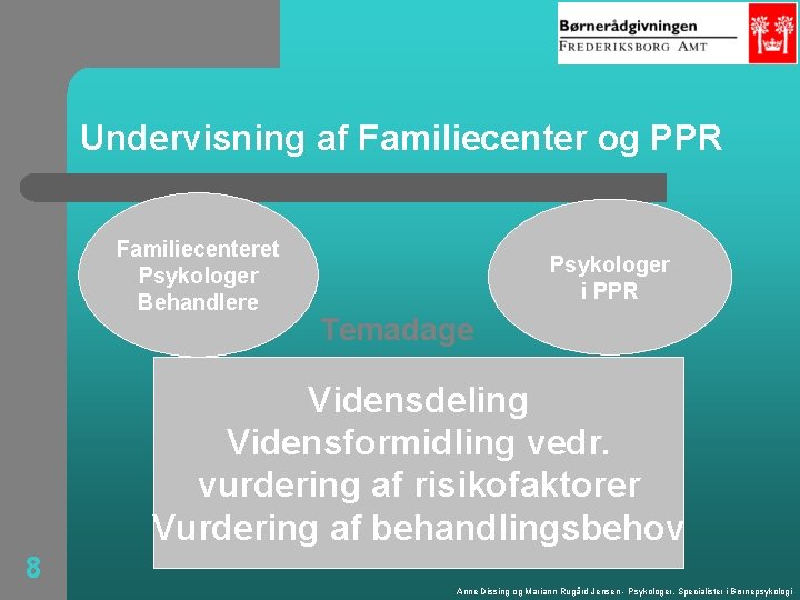 Undervisning af Familiecenter og PPR Familiecenteret Psykologer Behandlere Psykologer i PPR Temadage Vidensdeling Vidensformidling