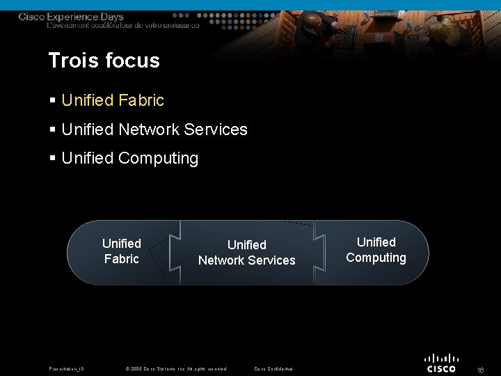 Trois focus § Unified Fabric § Unified Network Services § Unified Computing Unified Fabric