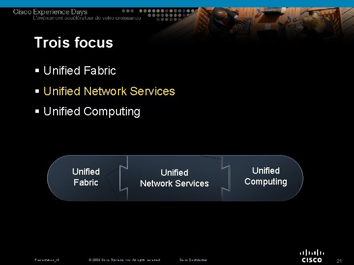 Trois focus § Unified Fabric § Unified Network Services § Unified Computing Unified Fabric