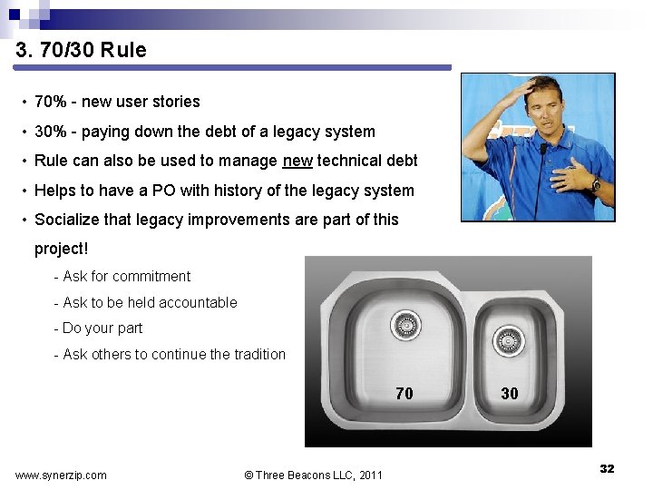 3. 70/30 Rule • 70% new user stories • 30% paying down the debt