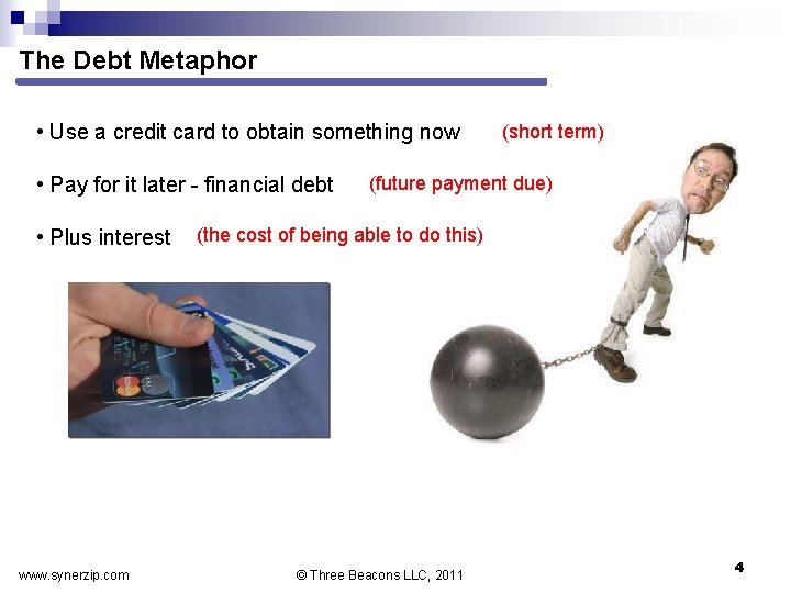 The Debt Metaphor • Use a credit card to obtain something now • Pay