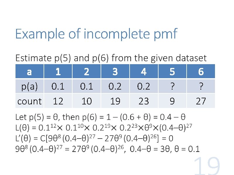 Example of incomplete pmf a 1 p(a) 0. 1 count 12 2 0. 1