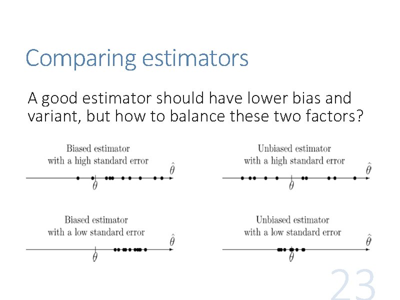 Comparing estimators A good estimator should have lower bias and variant, but how to