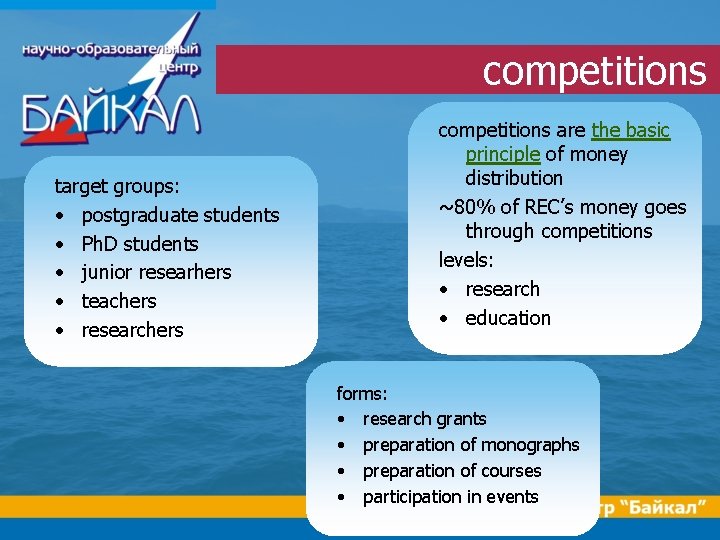 competitions target groups: • postgraduate students • Ph. D students • junior researhers •