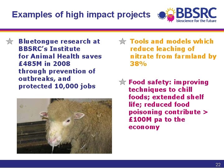 Examples of high impact projects Bluetongue research at BBSRC’s Institute for Animal Health saves