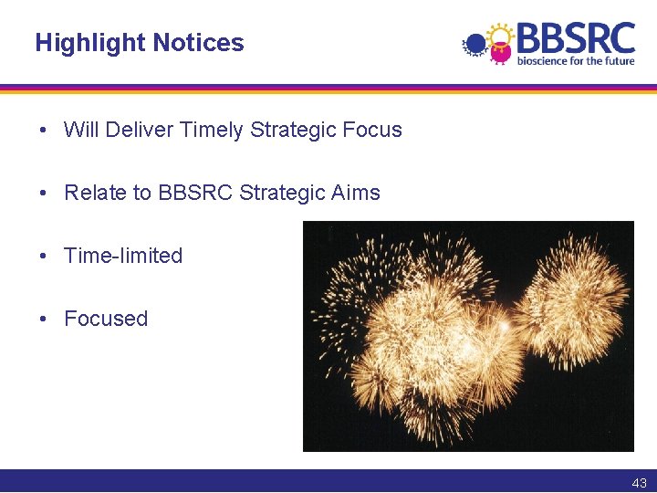 Highlight Notices • Will Deliver Timely Strategic Focus • Relate to BBSRC Strategic Aims