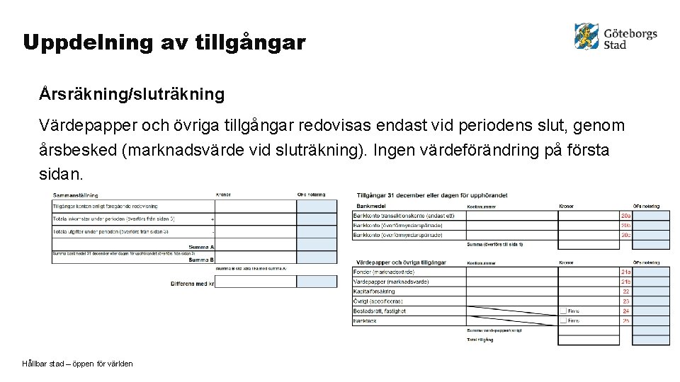 Uppdelning av tillgångar Årsräkning/sluträkning Värdepapper och övriga tillgångar redovisas endast vid periodens slut, genom