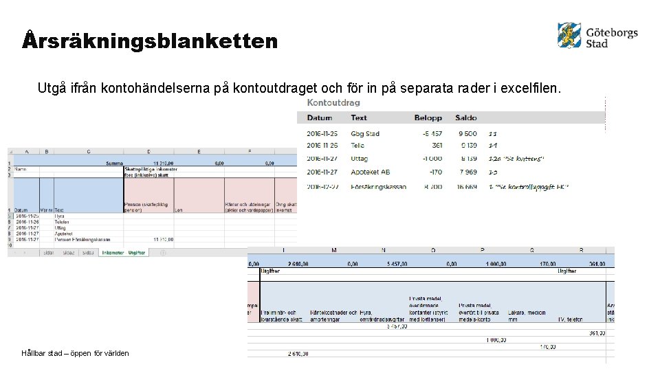 Årsräkningsblanketten Utgå ifrån kontohändelserna på kontoutdraget och för in på separata rader i excelfilen.