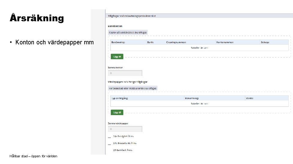Årsräkning • Konton och värdepapper mm Hållbar stad – öppen för världen 