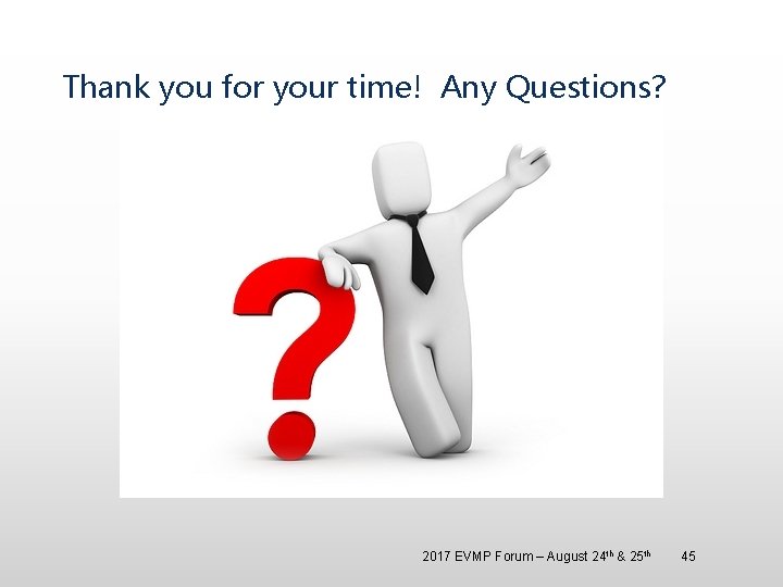 Thank you for your time! Any Questions? 2017 EVMP Forum – August 24 th