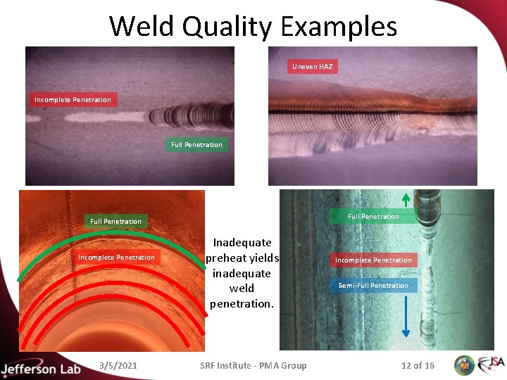 Weld Quality Examples Uneven HAZ Incomplete Penetration Full Penetration Incomplete Penetration 3/5/2021 Inadequate preheat