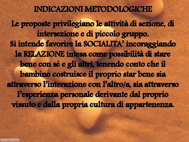 INDICAZIONI METODOLOGICHE Le proposte privilegiano le attività di sezione, di intersezione e di piccolo