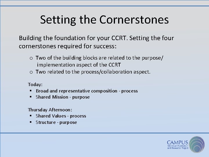Setting the Cornerstones Building the foundation for your CCRT. Setting the four cornerstones required
