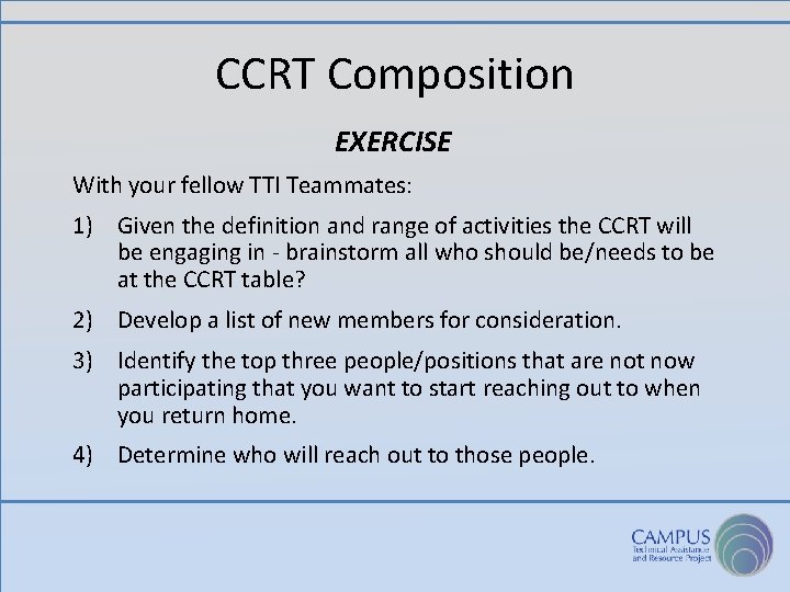 CCRT Composition EXERCISE With your fellow TTI Teammates: 1) Given the definition and range