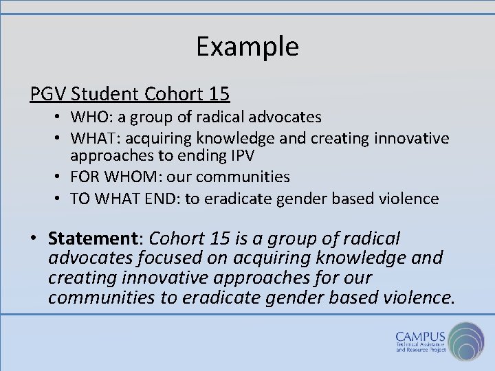 Example PGV Student Cohort 15 • WHO: a group of radical advocates • WHAT: