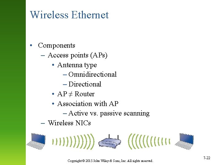 Wireless Ethernet • Components – Access points (APs) • Antenna type – Omnidirectional –