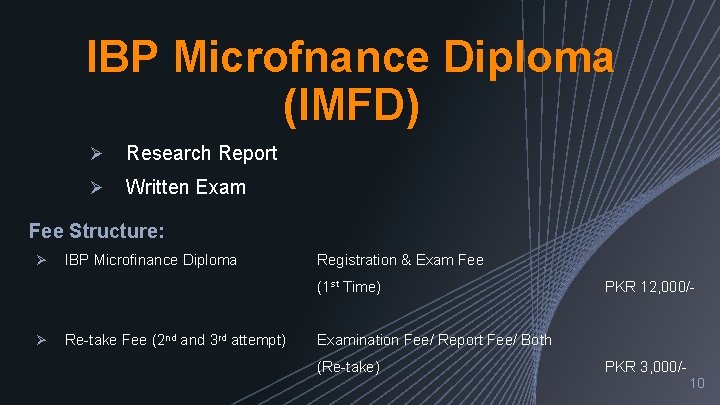 IBP Microfnance Diploma (IMFD) Ø Research Report Ø Written Exam Fee Structure: Ø IBP