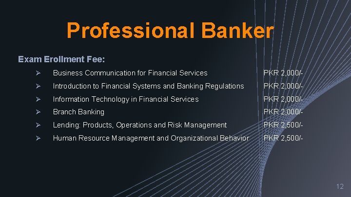 Professional Banker Exam Erollment Fee: Ø Business Communication for Financial Services PKR 2, 000/-
