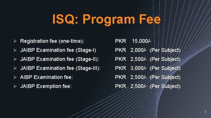 ISQ: Program Fee Ø Registration fee (one-time): PKR 15, 000/- Ø JAIBP Examination fee