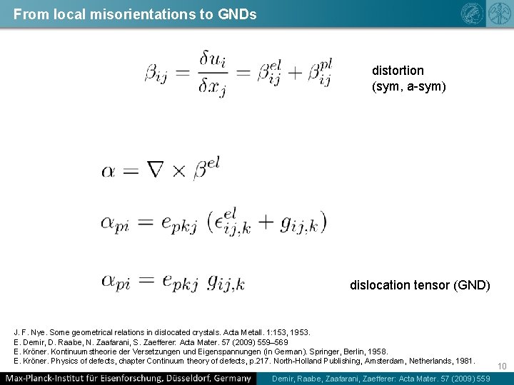 From local misorientations to GNDs distortion (sym, a-sym) dislocation tensor (GND) J. F. Nye.