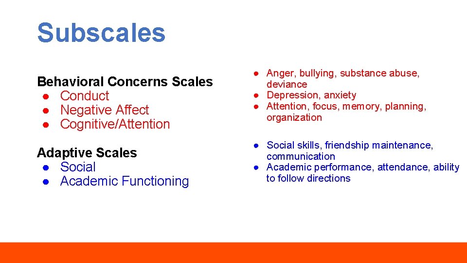 Subscales Behavioral Concerns Scales ● Conduct ● Negative Affect ● Cognitive/Attention Adaptive Scales ●