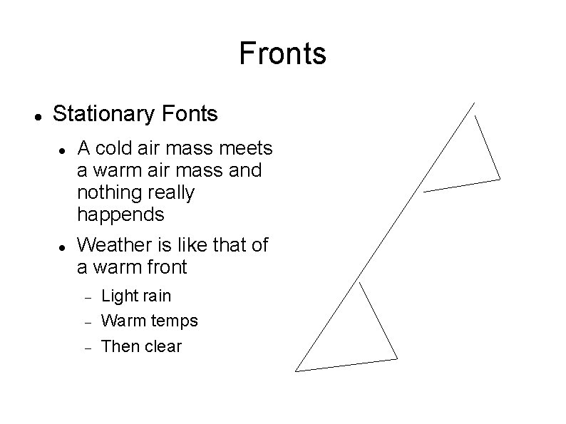 Fronts Stationary Fonts A cold air mass meets a warm air mass and nothing Fronts Stationary Fonts A cold air mass meets a warm air mass and nothing