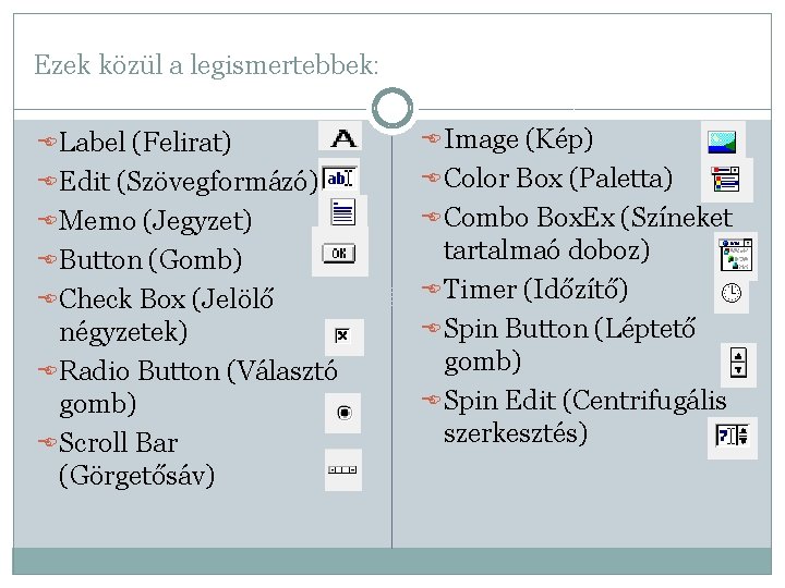 Ezek közül a legismertebbek: Label (Felirat) Image (Kép) Edit (Szövegformázó) Color Box (Paletta) Memo