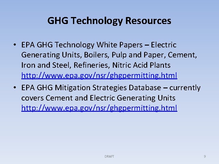 GHG Technology Resources • EPA GHG Technology White Papers – Electric Generating Units, Boilers,