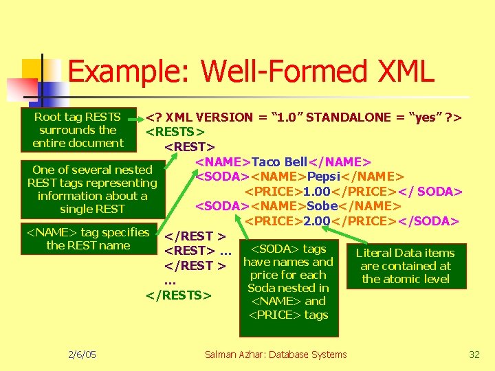 Example: Well-Formed XML <? XML VERSION = “ 1. 0” STANDALONE = “yes” ?