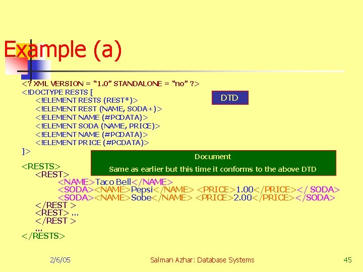 Example (a) <? XML VERSION = “ 1. 0” STANDALONE = “no” ? >