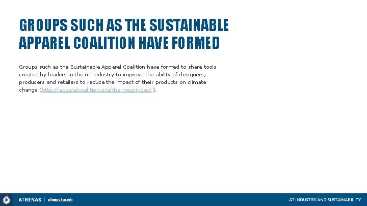 GROUPS SUCH AS THE SUSTAINABLE APPAREL COALITION HAVE FORMED Groups such as the Sustainable