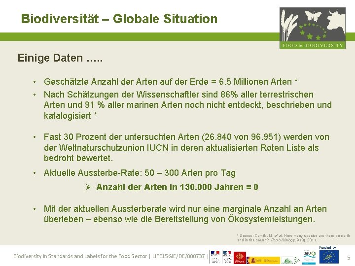 Biodiversität – Globale Situation Einige Daten …. . • Geschätzte Anzahl der Arten auf