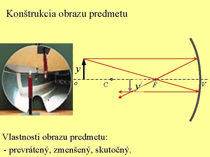 Konštrukcia obrazu predmetu y o C Vlastnosti obrazu predmetu: - prevrátený, zmenšený, skutočný. y/