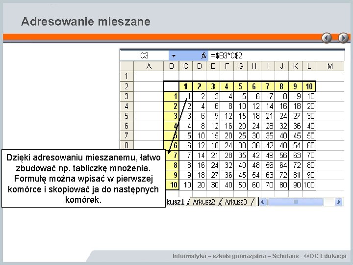 Adresowanie mieszane Dzięki adresowaniu mieszanemu, łatwo zbudować np. tabliczkę mnożenia. Formułę można wpisać w