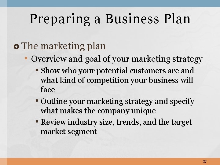 Preparing a Business Plan The marketing plan • Overview and goal of your marketing