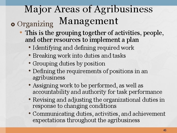 Major Areas of Agribusiness Organizing Management • This is the grouping together of activities,